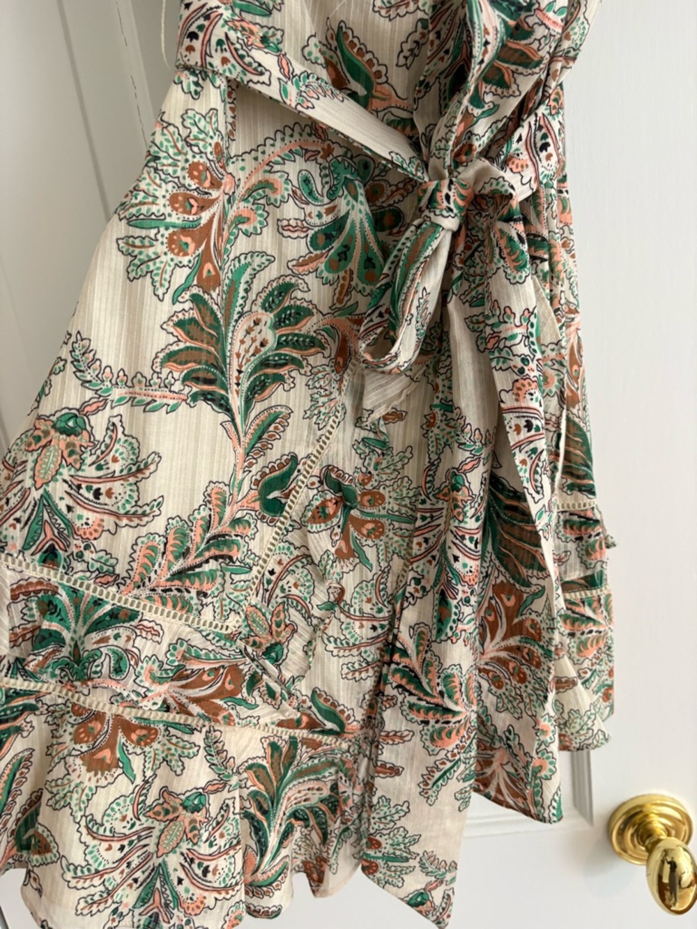 Veronica Beard Cream Paisley Wrap Mini Dress with Green & Brown Accents - Picture 6 of 6